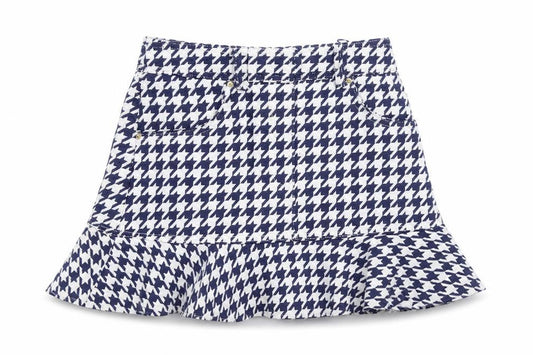 Front view of Sandro Women Blue Houndstooth Flare Short Skirt, size M