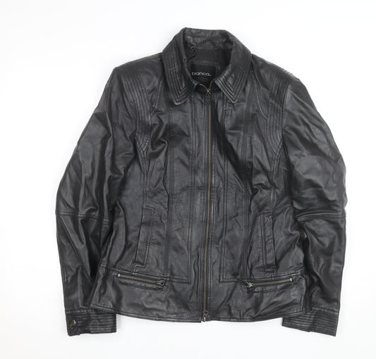 Bianca Womens Black Leather Biker Jacket Size 12 Collared Zip Style