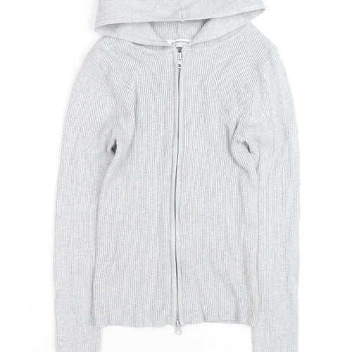 Stradivarius Women's Grey Full Zip Hooded Ribbed Jumper Size 8