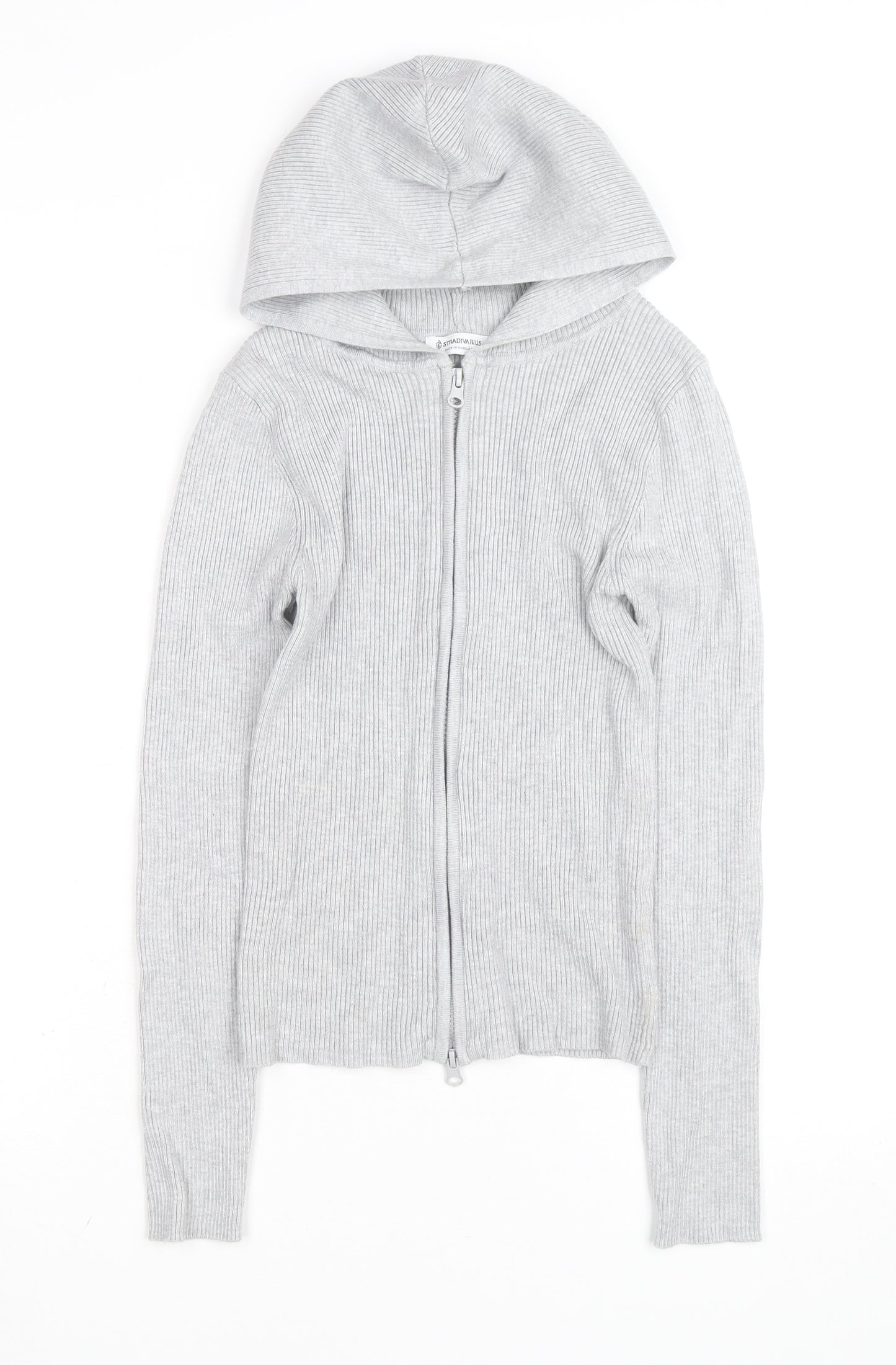 Stradivarius Women's Grey Full Zip Hooded Ribbed Jumper Size 8