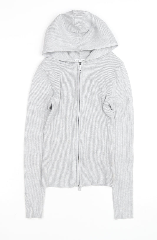 Stradivarius Women's Grey Full Zip Hooded Ribbed Jumper Size 8