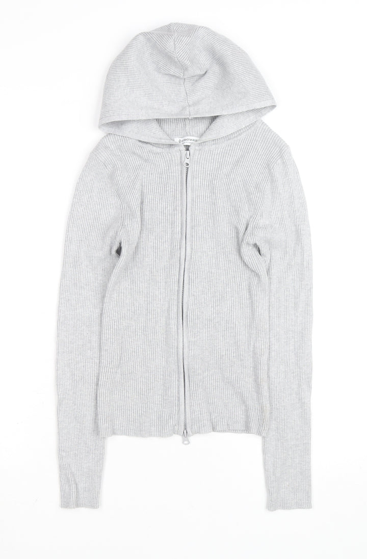 Stradivarius Women's Grey Full Zip Hooded Ribbed Jumper Size 8