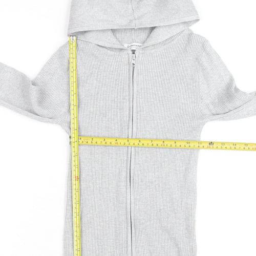 Stradivarius Women's Grey Full Zip Hooded Ribbed Jumper Size 8