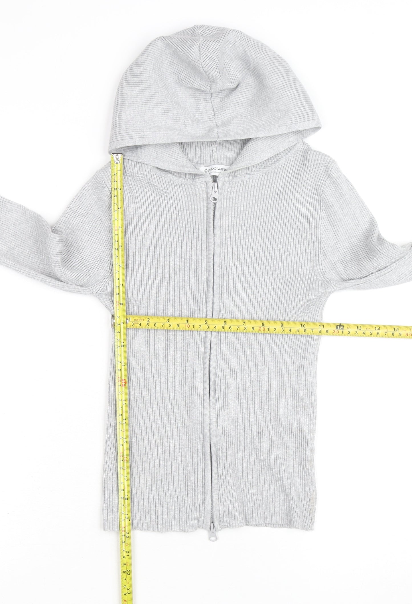 Stradivarius Women's Grey Full Zip Hooded Ribbed Jumper Size 8