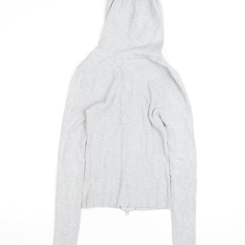 Stradivarius Women's Grey Full Zip Hooded Ribbed Jumper Size 8