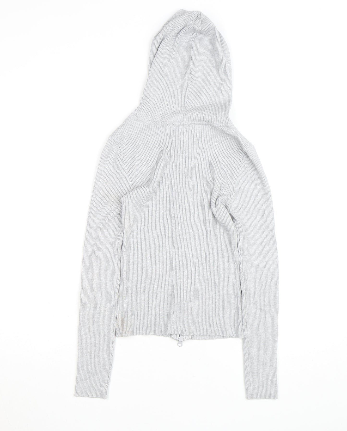 Stradivarius Women's Grey Full Zip Hooded Ribbed Jumper Size 8