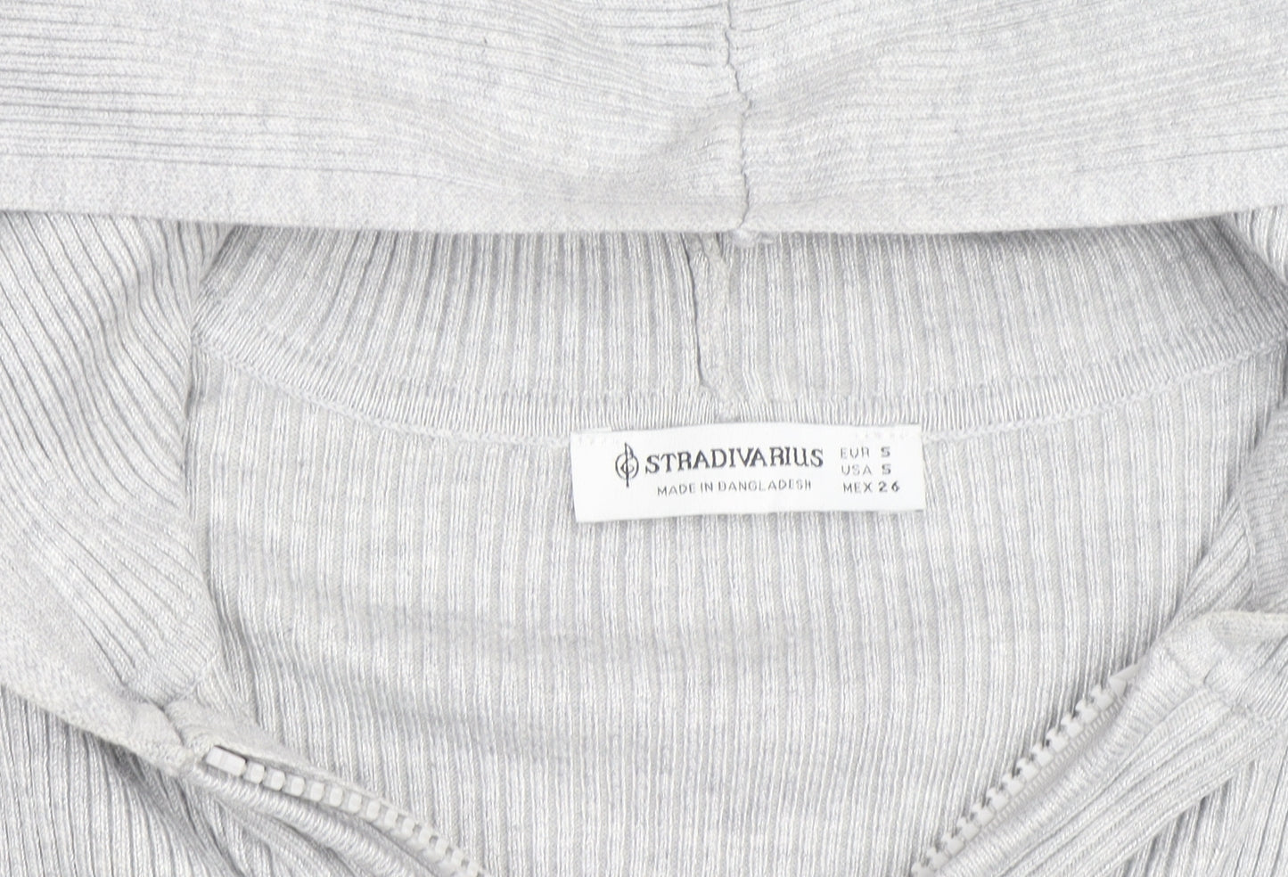 Stradivarius Women's Grey Full Zip Hooded Ribbed Jumper Size 8