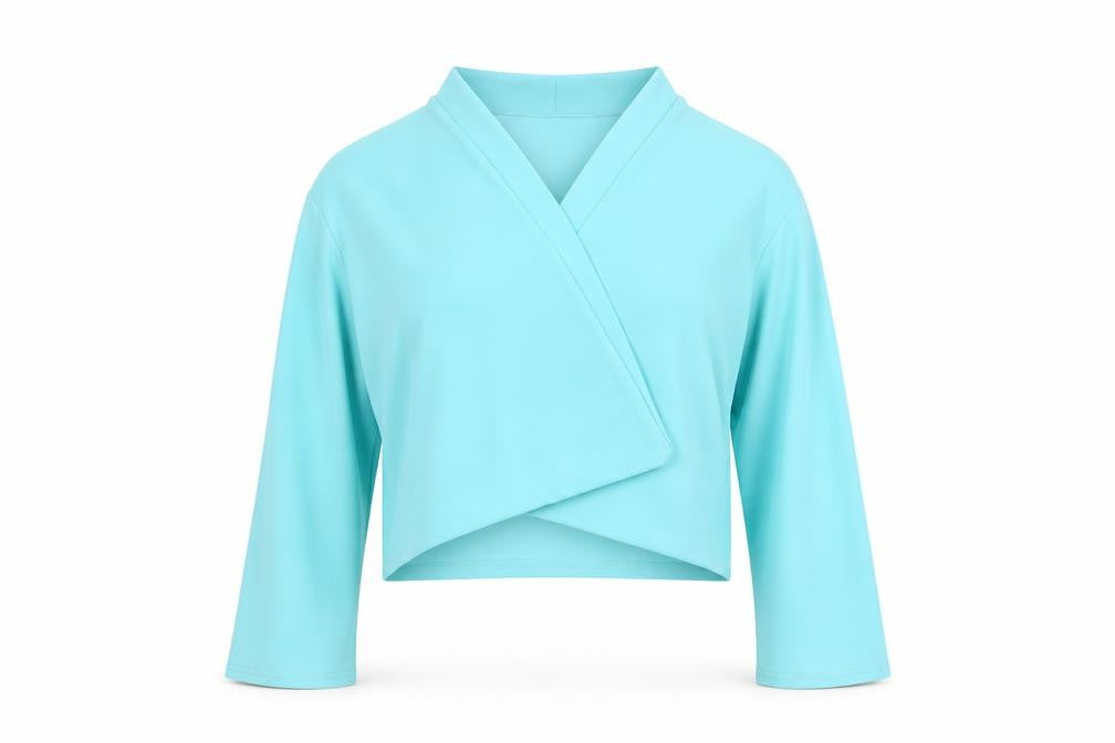 Front view of Gerard Women Blue Wrap Jersey Blouse, size 18, 3/4 Sleeve