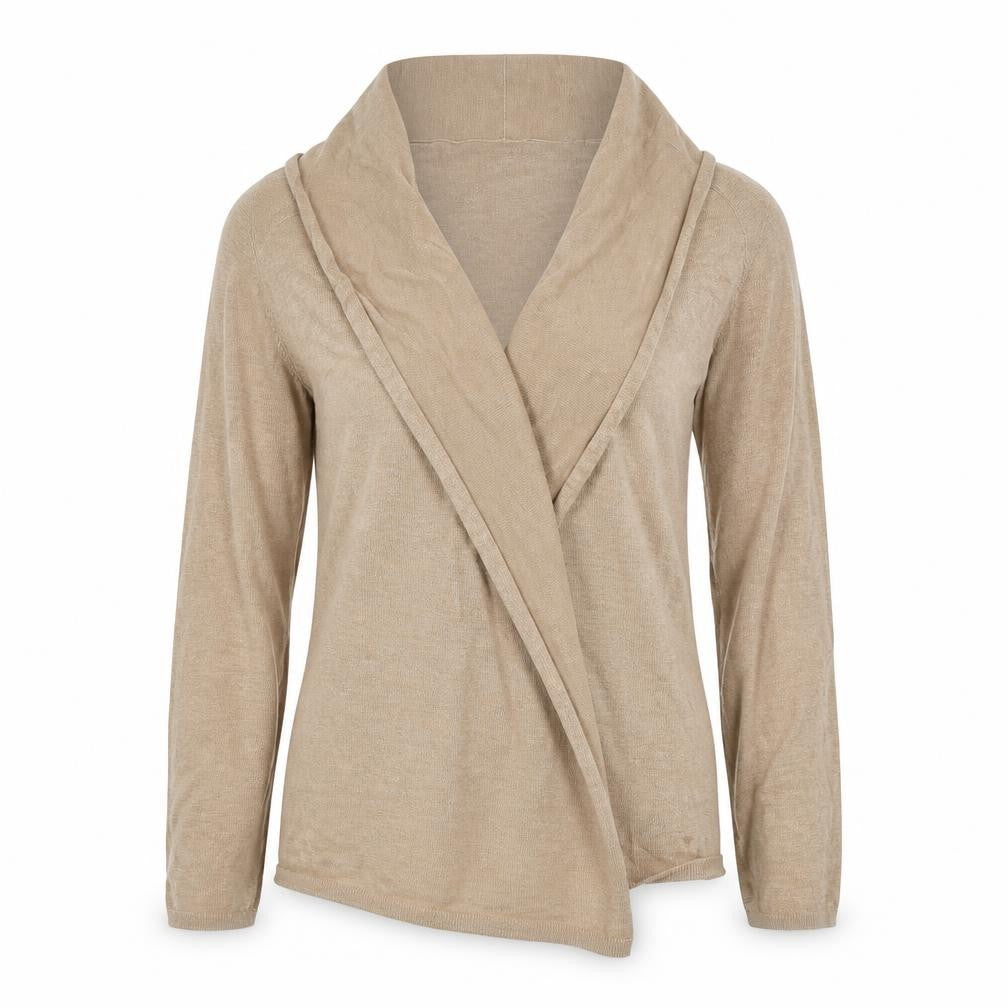 Front view of Dunnes Women’s Beige Knit Cardigan L Lightweight Open Front