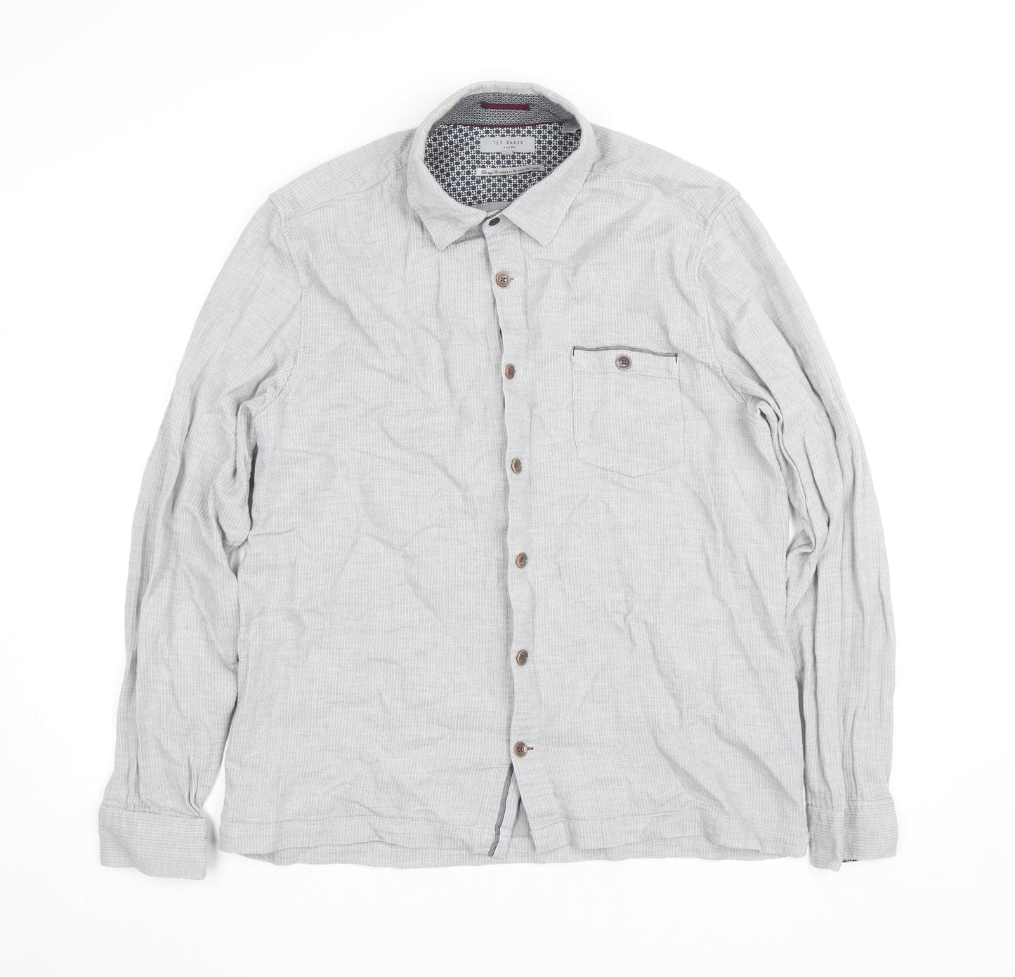 Ted Baker Men's Grey Herringbone Cotton Long Sleeve Button-Up Shirt Size M