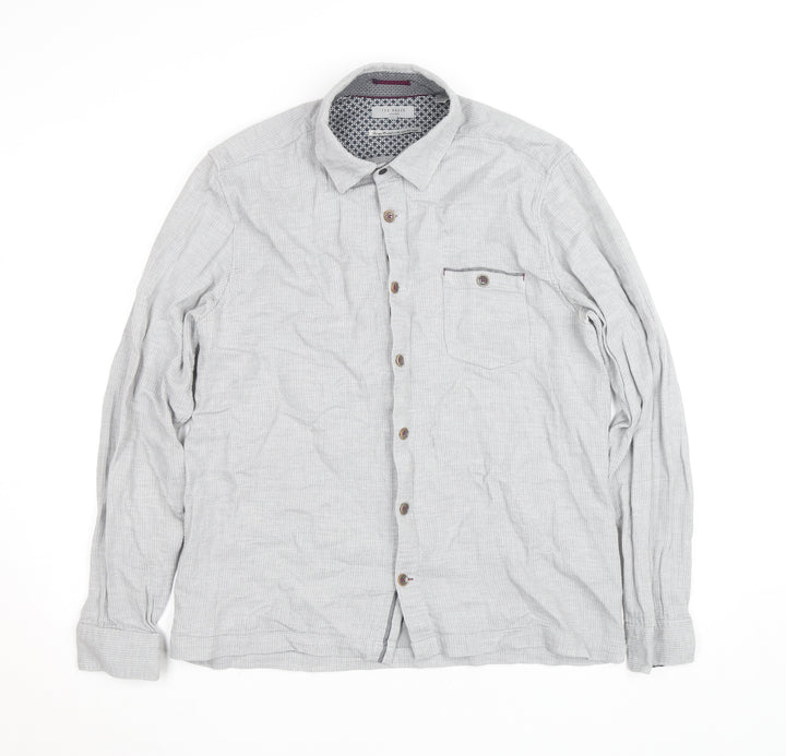 Ted Baker Men's Grey Herringbone Cotton Long Sleeve Button-Up Shirt Size M