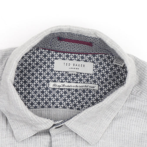 Ted Baker Men's Grey Herringbone Cotton Long Sleeve Button-Up Shirt Size M