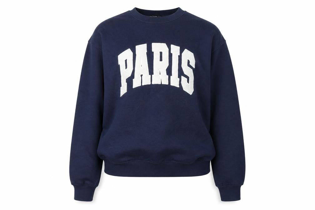 Front view of Stradivarius Women Navy Blue Paris Pullover Sweatshirt, size 8