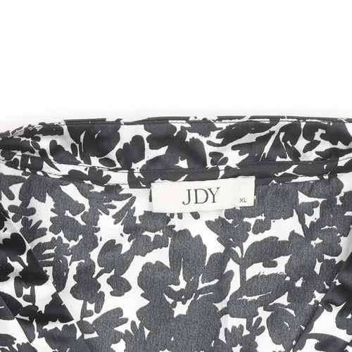 JDY Women's Black Floral V-Neck Short Sleeve Satin Blouse XL