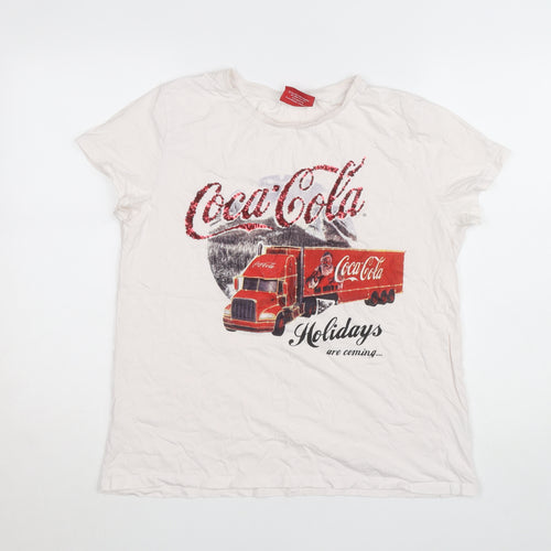 Coca-Cola Women's White Sequin Christmas T-Shirt Size L