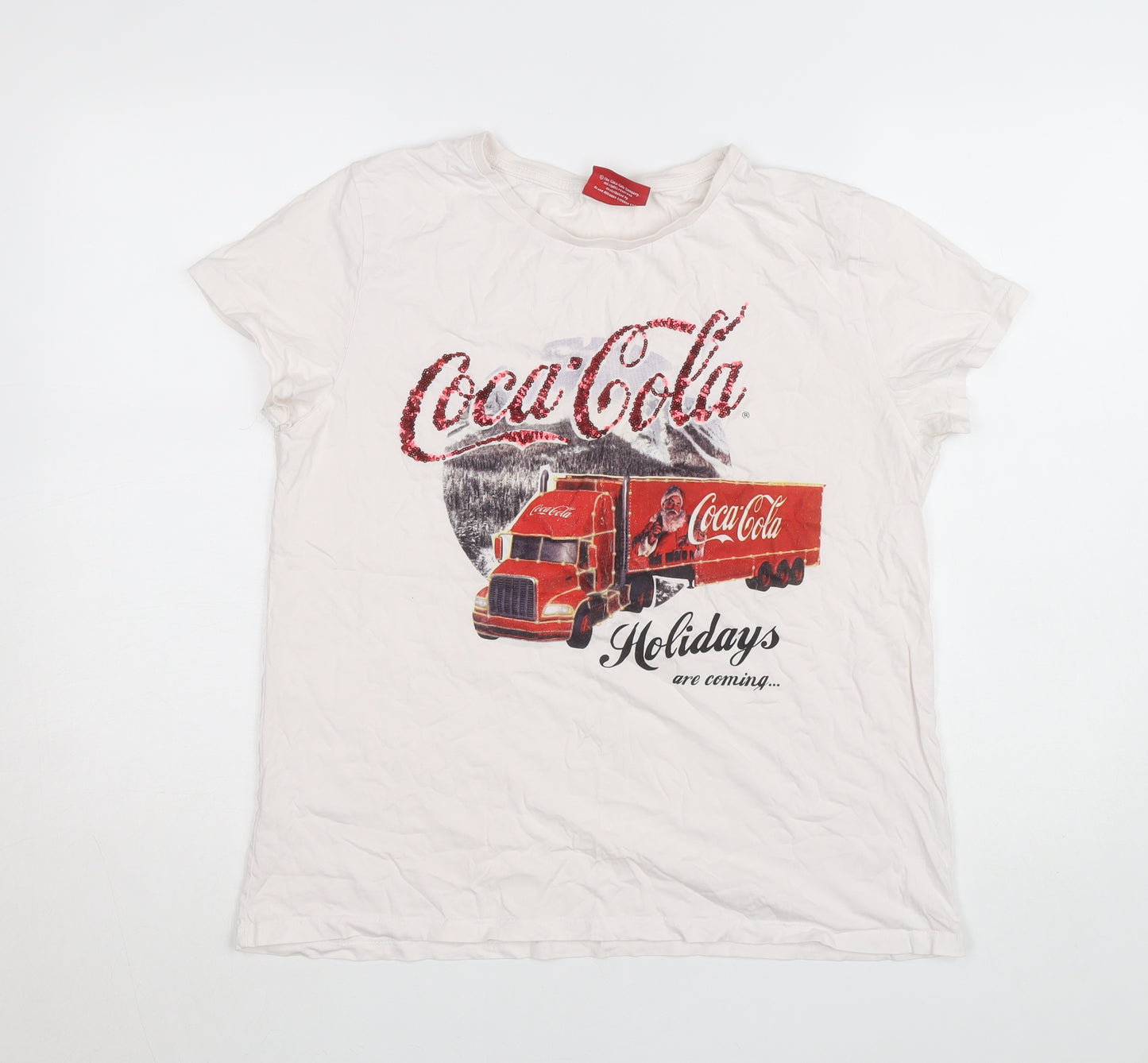 Coca-Cola Women's White Sequin Christmas T-Shirt Size L