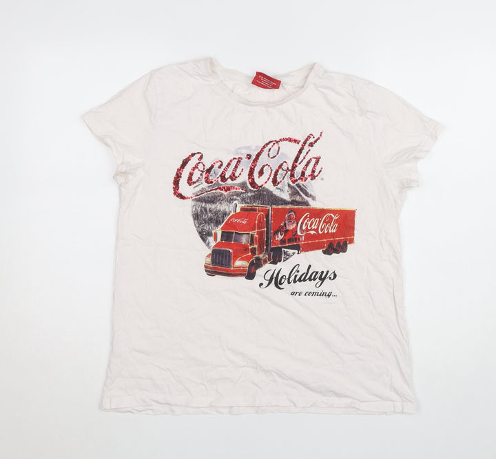 Coca-Cola Women's White Sequin Christmas T-Shirt Size L