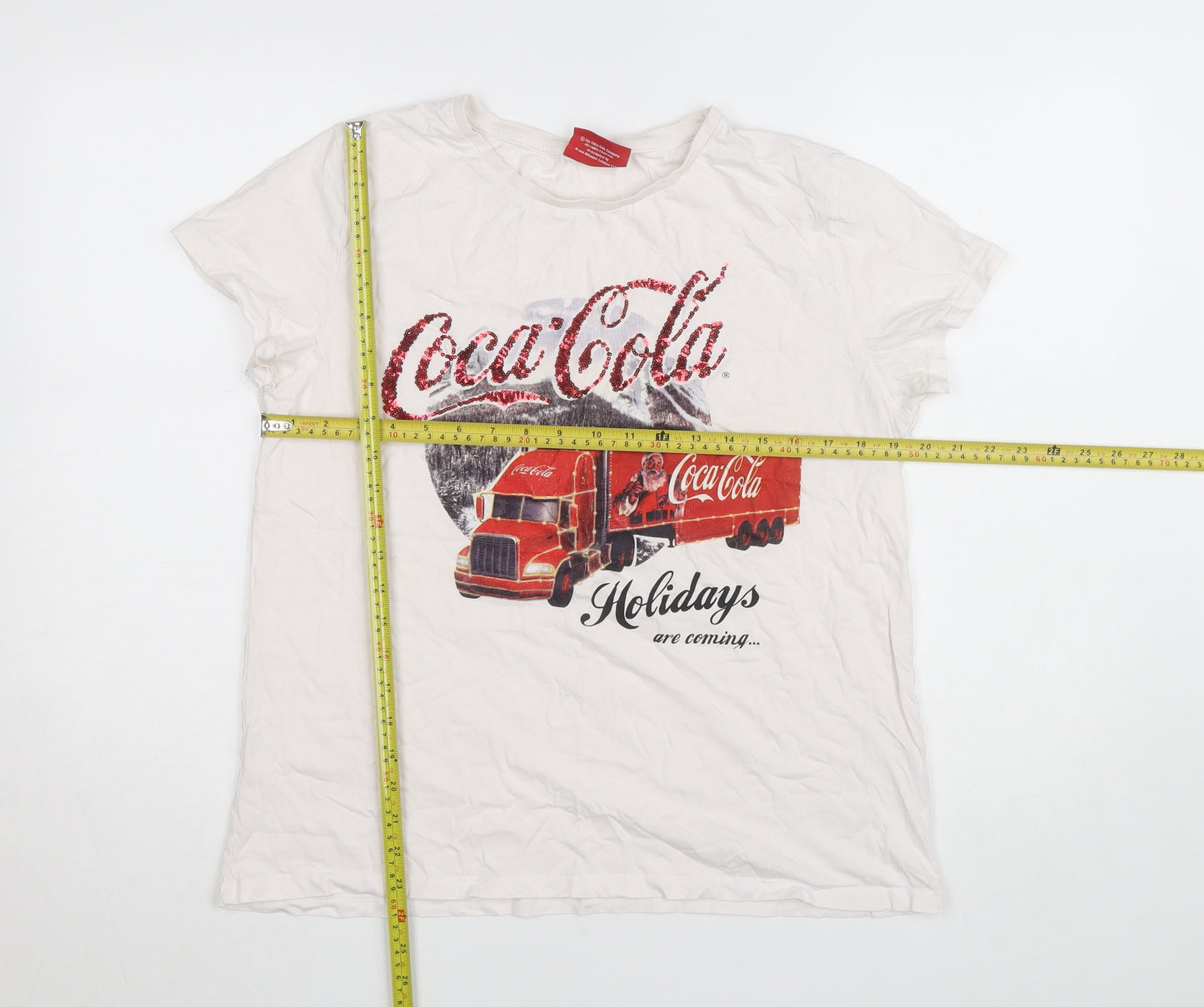 Coca-Cola Women's White Sequin Christmas T-Shirt Size L