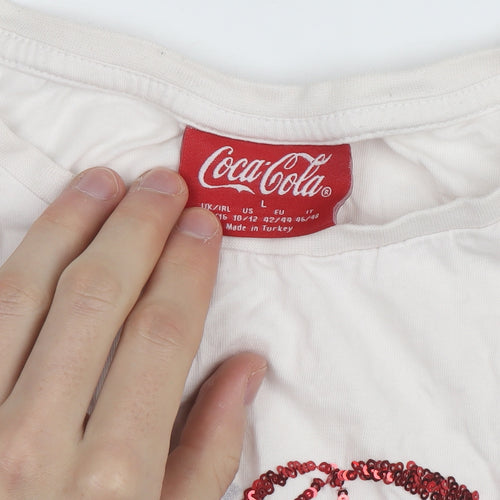 Coca-Cola Women's White Sequin Christmas T-Shirt Size L