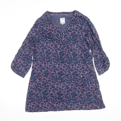 Manteray Women Blue Floral Tunic Top Size 12 V-Neck 3/4 Sleeve