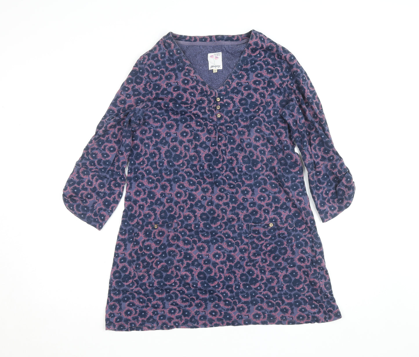 Manteray Women Blue Floral Tunic Top Size 12 V-Neck 3/4 Sleeve