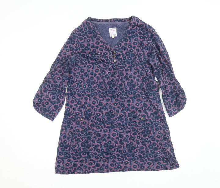 Manteray Women Blue Floral Tunic Top Size 12 V-Neck 3/4 Sleeve