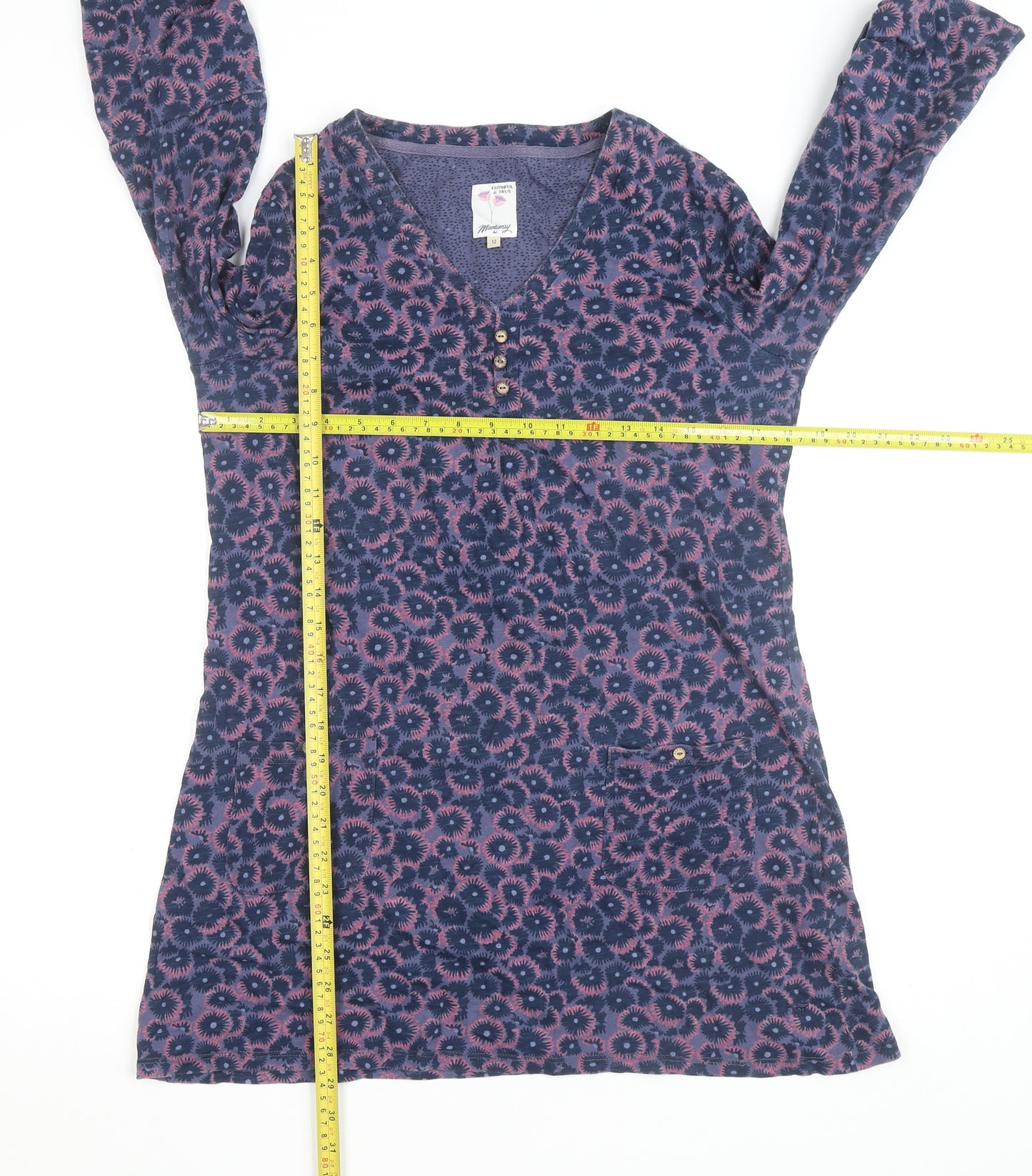 Manteray Women Blue Floral Tunic Top Size 12 V-Neck 3/4 Sleeve