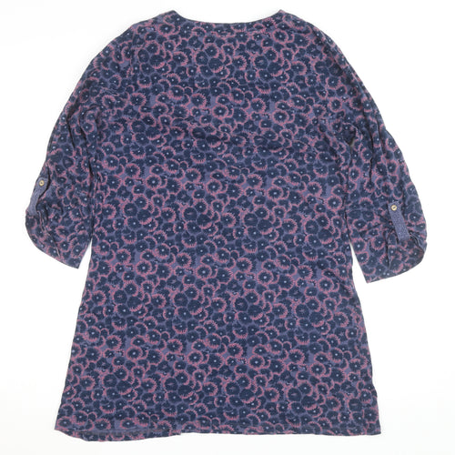 Manteray Women Blue Floral Tunic Top Size 12 V-Neck 3/4 Sleeve