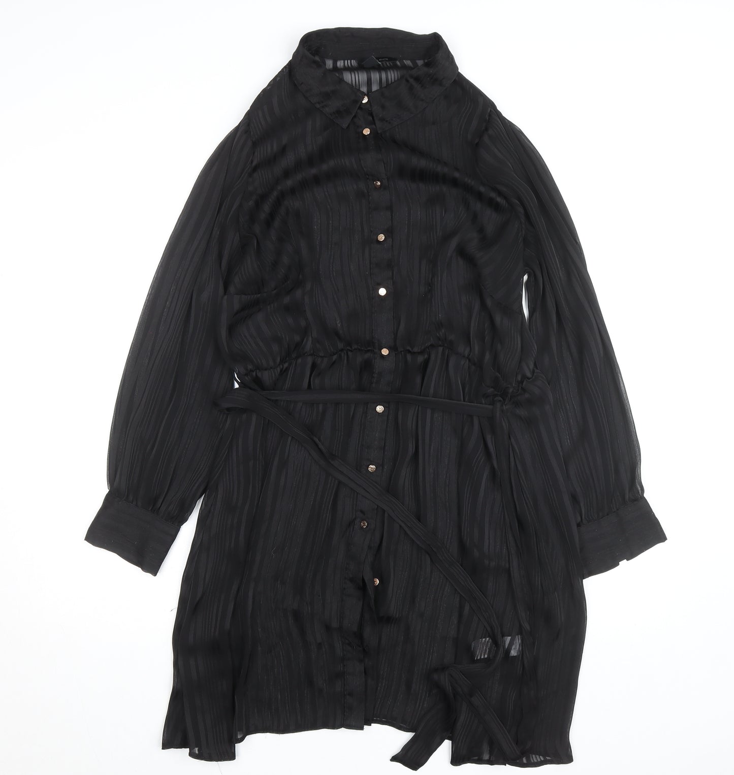 New Look Women's Black Size 16 Collared Belted Chiffon Shirt Dress