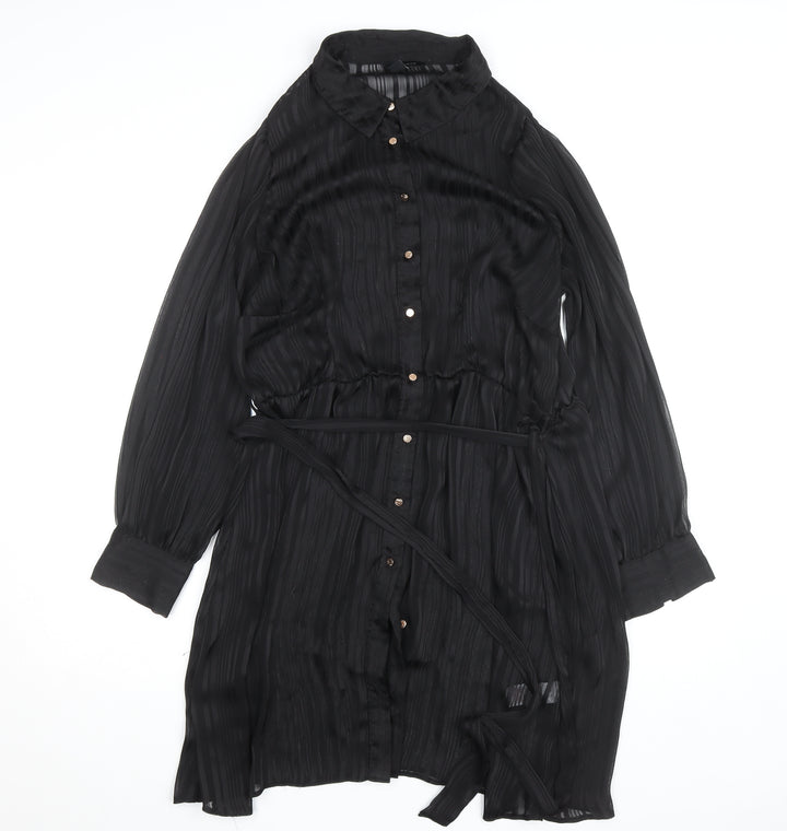 New Look Women's Black Size 16 Collared Belted Chiffon Shirt Dress