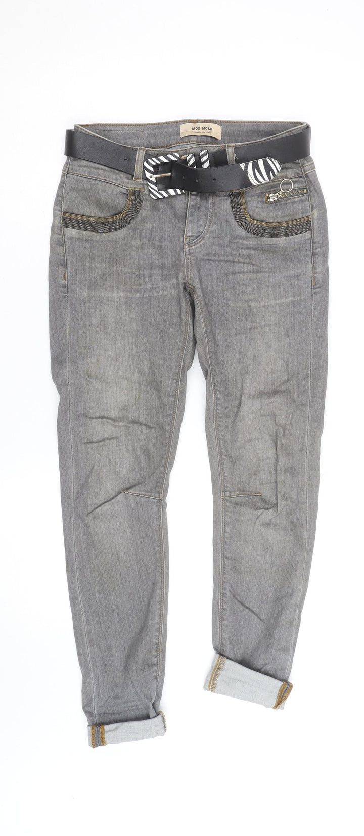 Mos Mosh Women's Grey Boyfriend Jeans with Belt Size M