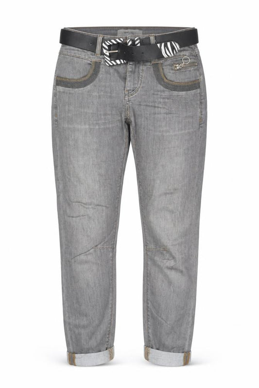 Front view of Mos Mosh Women's Grey Boyfriend Jeans with Belt, size M