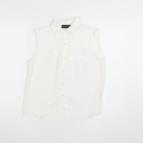 Savida Women's White Embroidered Sleeveless Collared Blouse Size 10
