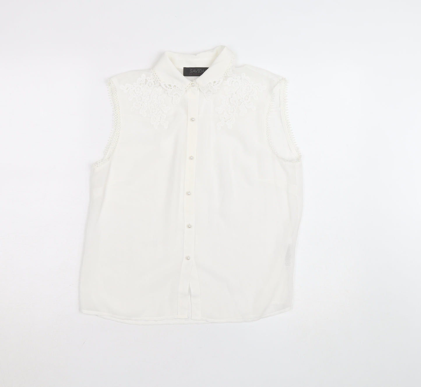 Savida Women's White Embroidered Sleeveless Collared Blouse Size 10