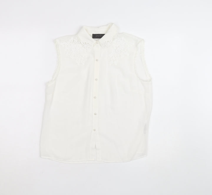 Savida Women's White Embroidered Sleeveless Collared Blouse Size 10