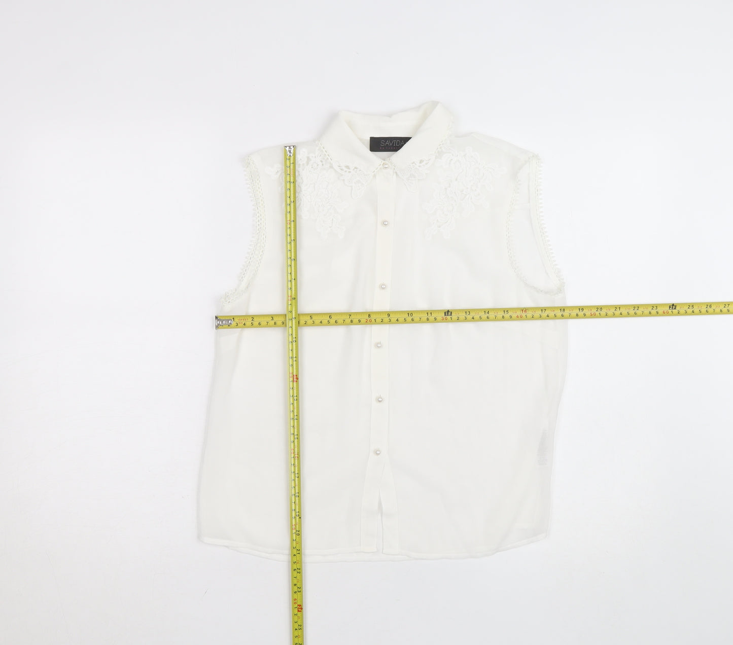 Savida Women's White Embroidered Sleeveless Collared Blouse Size 10