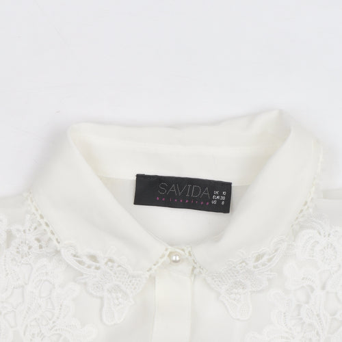 Savida Women's White Embroidered Sleeveless Collared Blouse Size 10