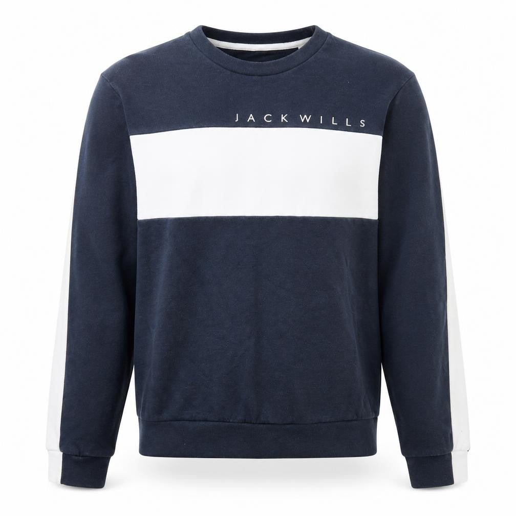 Front view of Jack Wills Men’s Blue & White Crew Neck Sweatshirt, size L