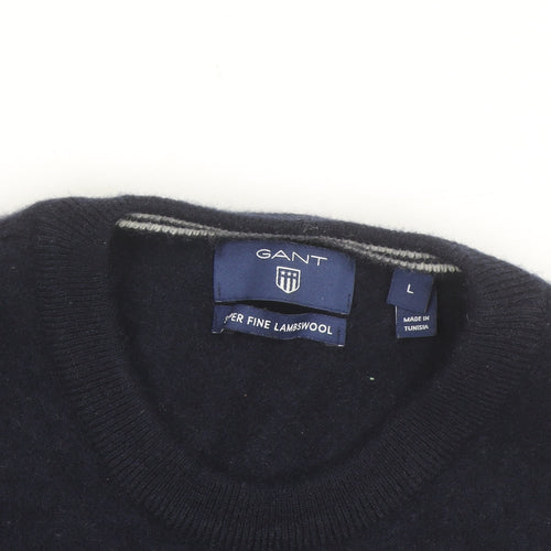 GANT Mens Blue Lambswool Crew Neck Pullover Jumper Size L