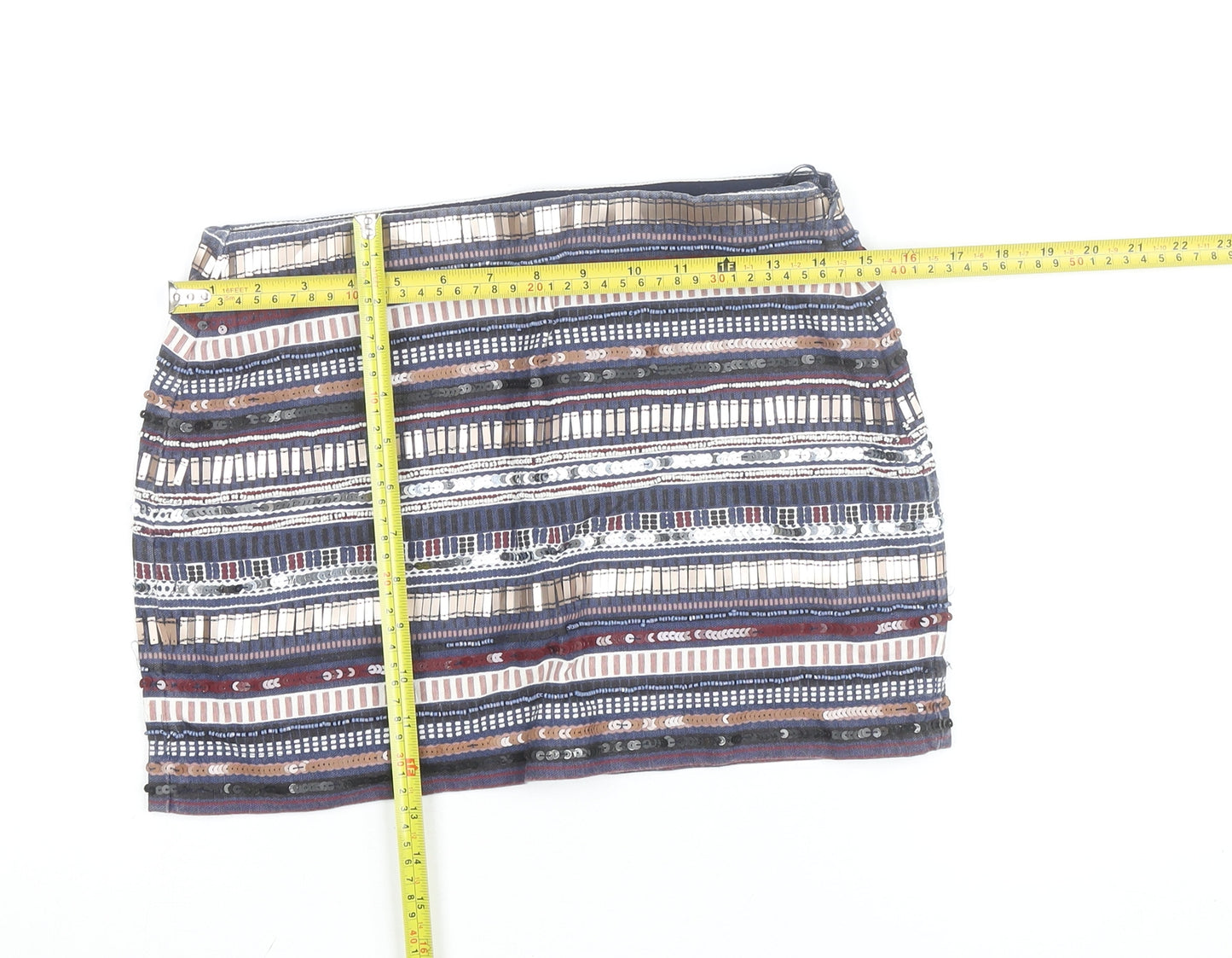 Zara Womens Multicoloured Sequin Striped Short Pencil Skirt Size S