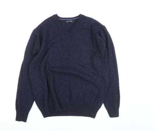 James Pringle Men's Blue Wool V-Neck Jumper Size L