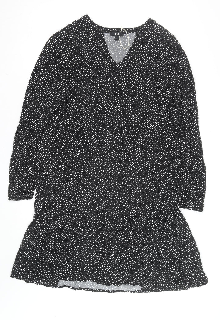 C&A Women Black Polka Dot V-Neck A-Line Dress Size 20