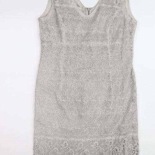Apanage Femme Women's Grey Lace Sheath Dress Size 14 Elegant V-Neck