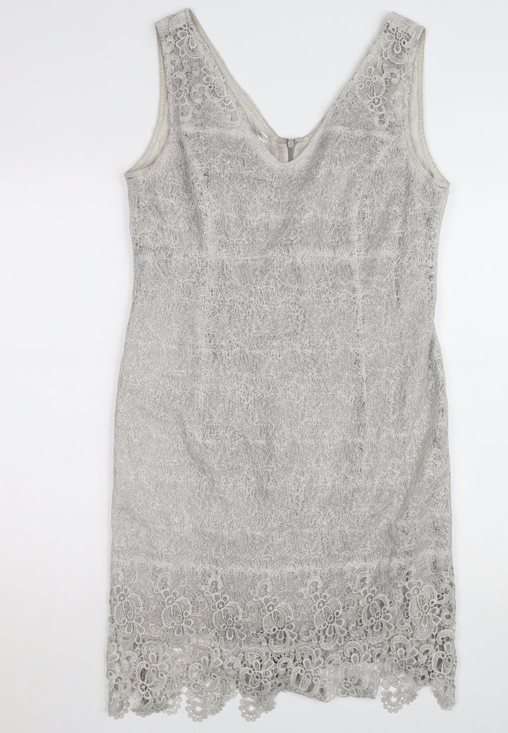 Apanage Femme Women's Grey Lace Sheath Dress Size 14 Elegant V-Neck