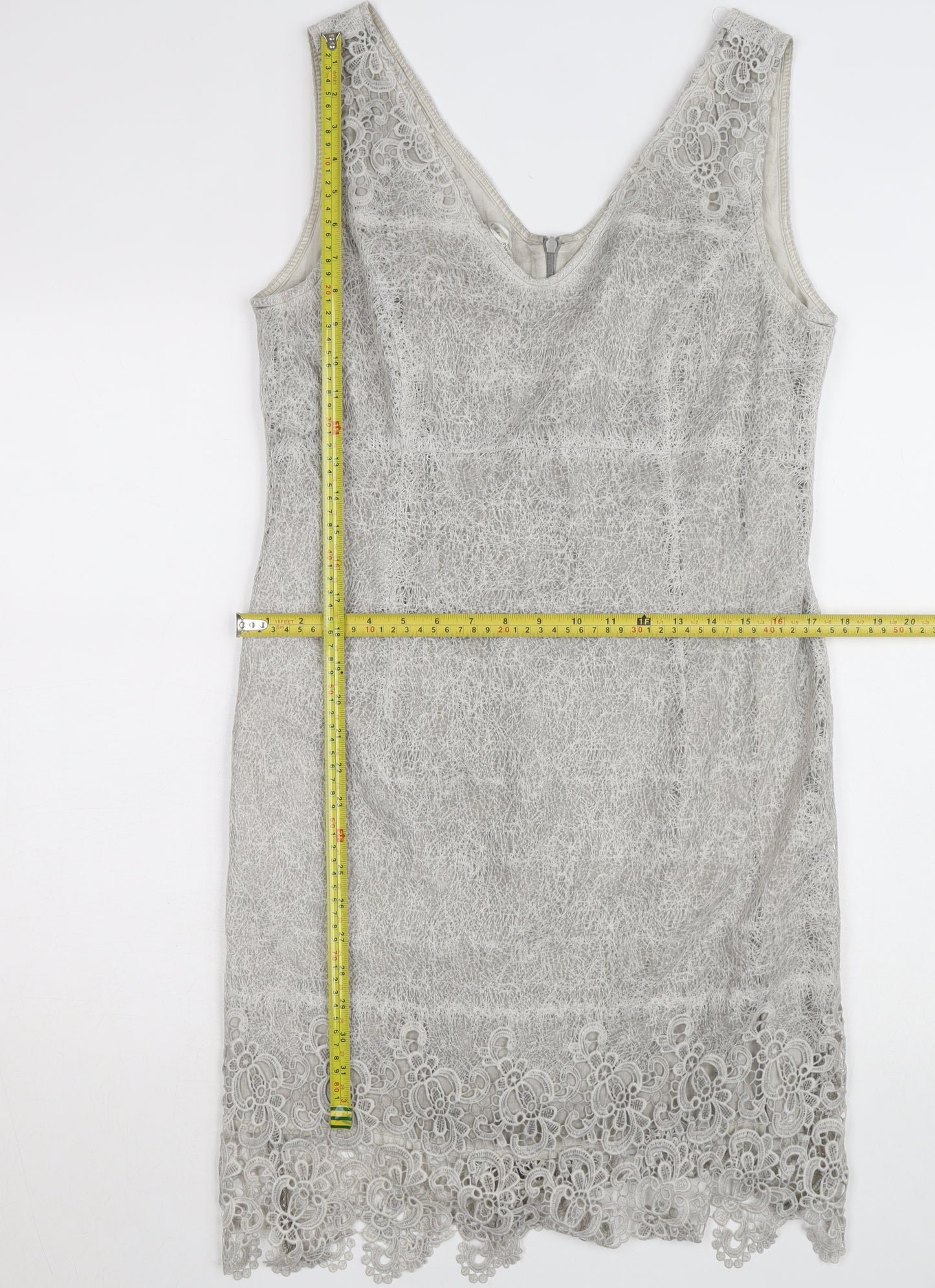 Apanage Femme Women's Grey Lace Sheath Dress Size 14 Elegant V-Neck