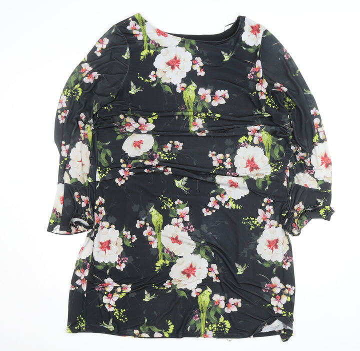 Wallis Womens Black Floral Shift Dress Size 16 Knee Length 3/4 Sleeve