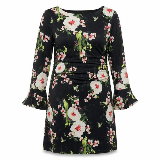 Front view of Wallis women’s black floral shift dress, size UK 16, knee length 3/4 sleeve