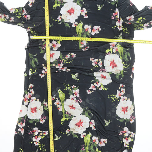 Wallis Womens Black Floral Shift Dress Size 16 Knee Length 3/4 Sleeve
