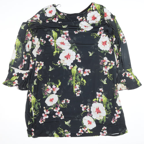 Wallis Womens Black Floral Shift Dress Size 16 Knee Length 3/4 Sleeve