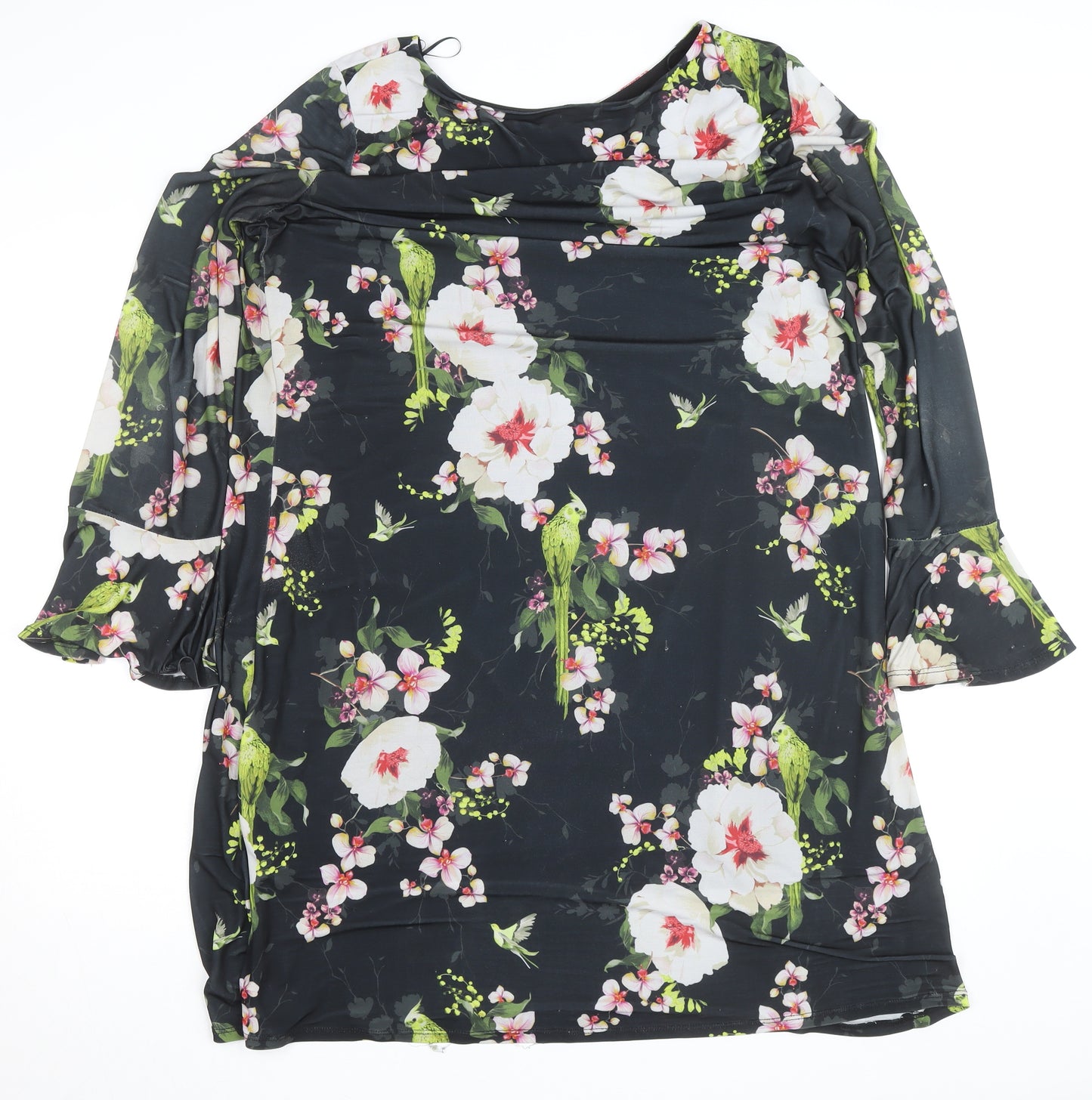 Wallis Womens Black Floral Shift Dress Size 16 Knee Length 3/4 Sleeve